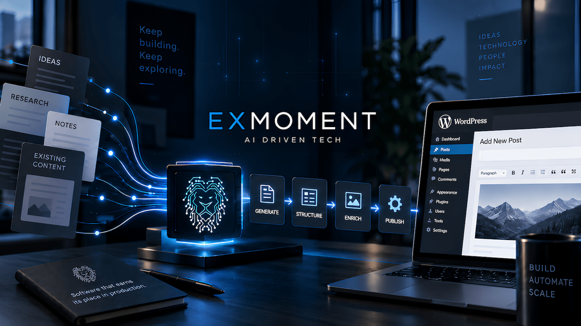ExMoment Author production cover illustrating source material flowing into WordPress publishing